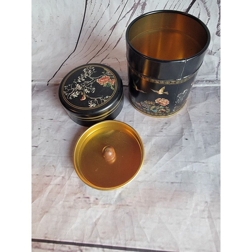 Vintage Hoffmann Swiss LITHO TEA TIN Inner Lid Asian Birds Tree Black Floral